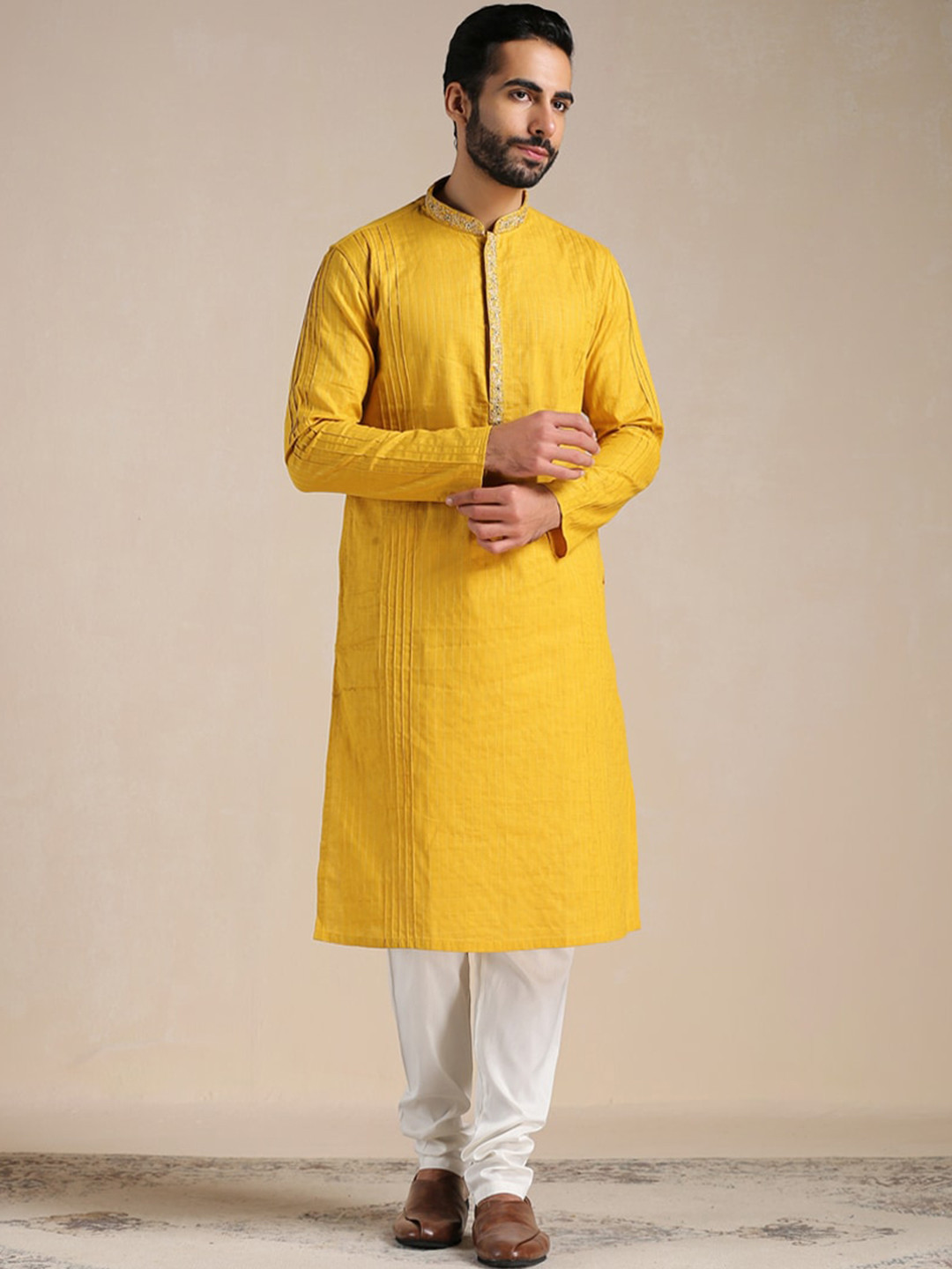 Buy Manyavar Men Pure Cotton Full Sleeves Kurta With Churidar Kurta