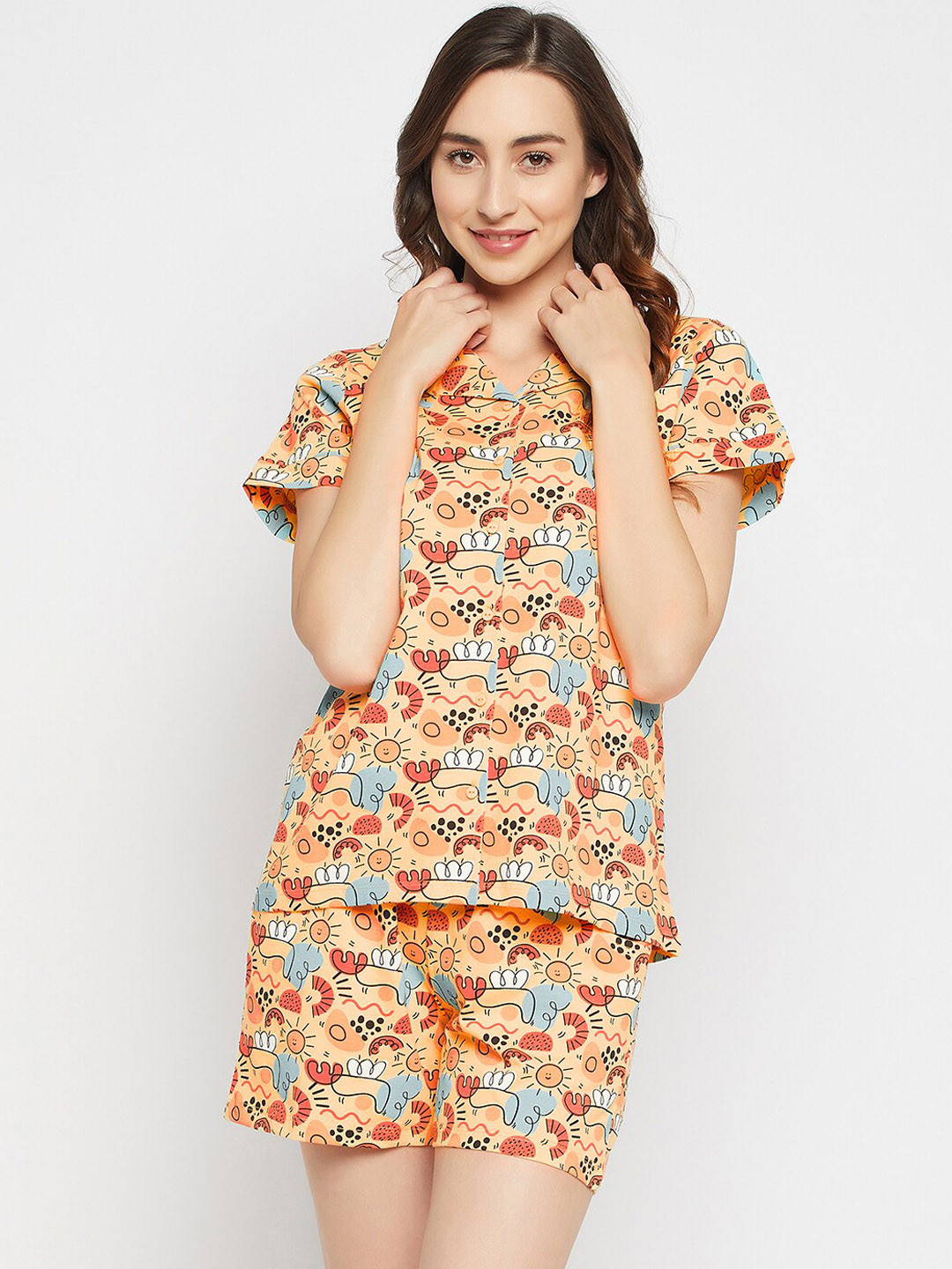 Buy Clovia Print Me Pretty Printed Cotton Button Down Shirt & Shorts Set Night Suits for Women