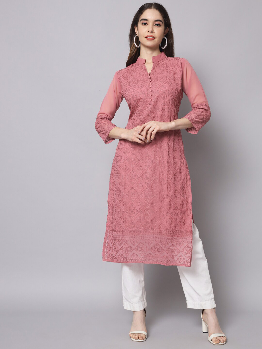 Women's Peach Ethnic Motifs Straight Kurta