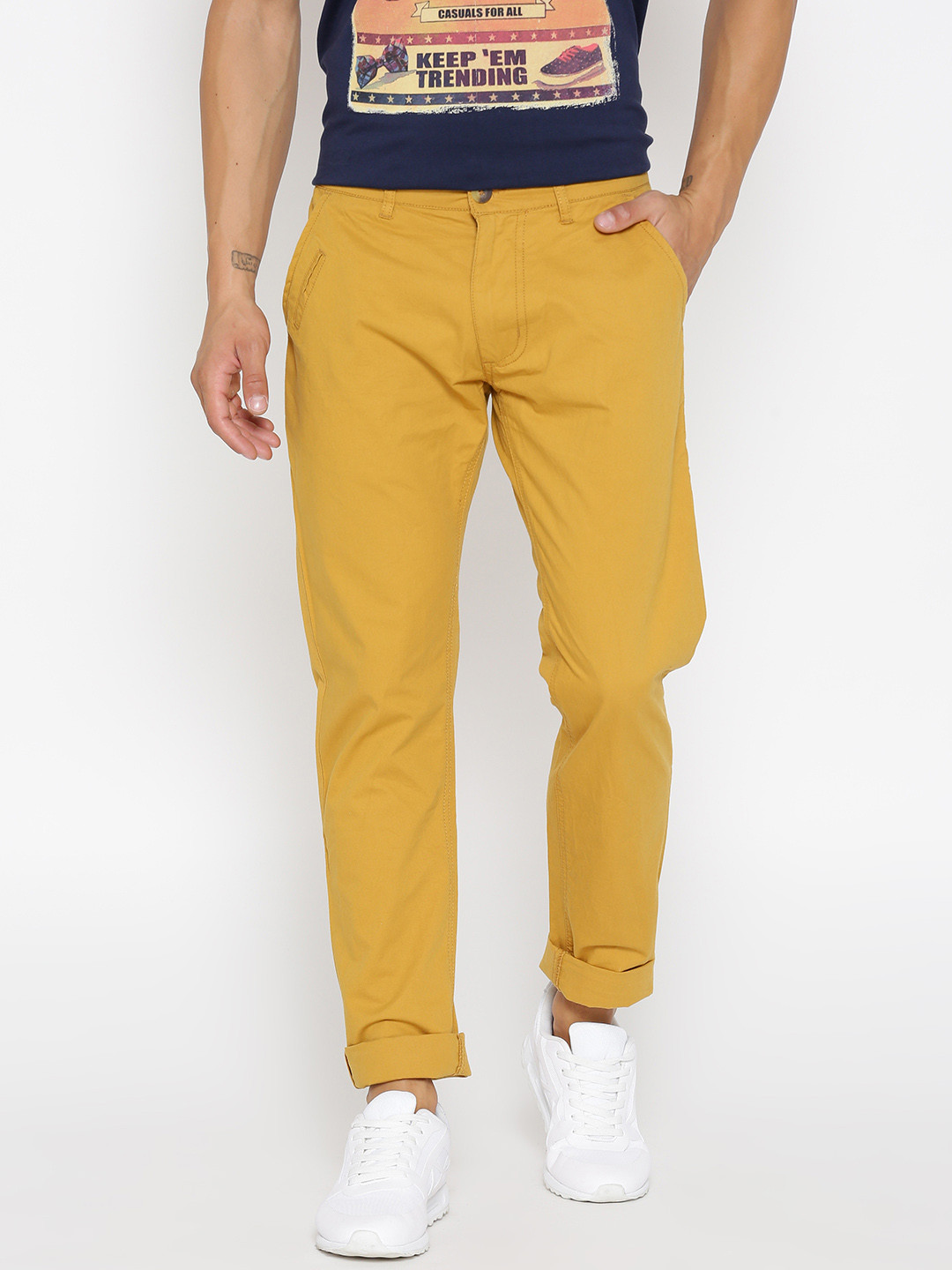 Buy People Men Mustard Yellow Regular Fit Solid Trousers Trousers for