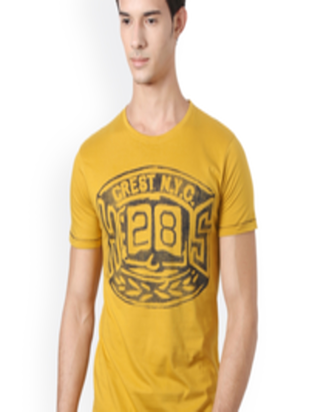 Buy People Men Yellow Printed Round Neck Pure Cotton T Shirt - Tshirts ...