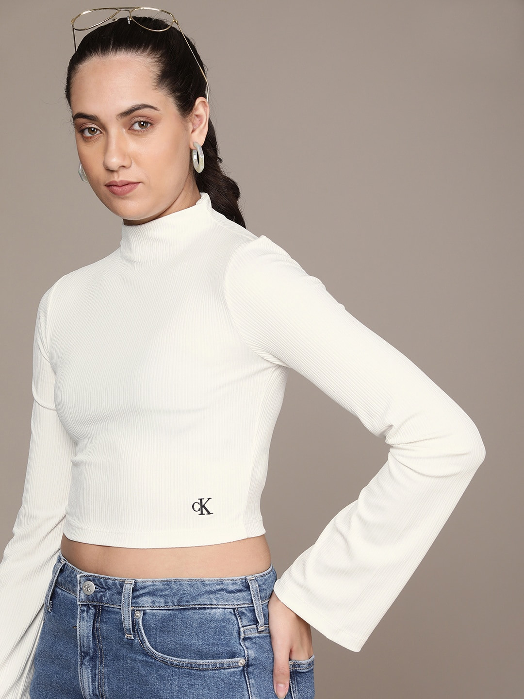 Buy Calvin Klein Jeans Women Ribbed High Neck Slim Fit Crop T Shirt