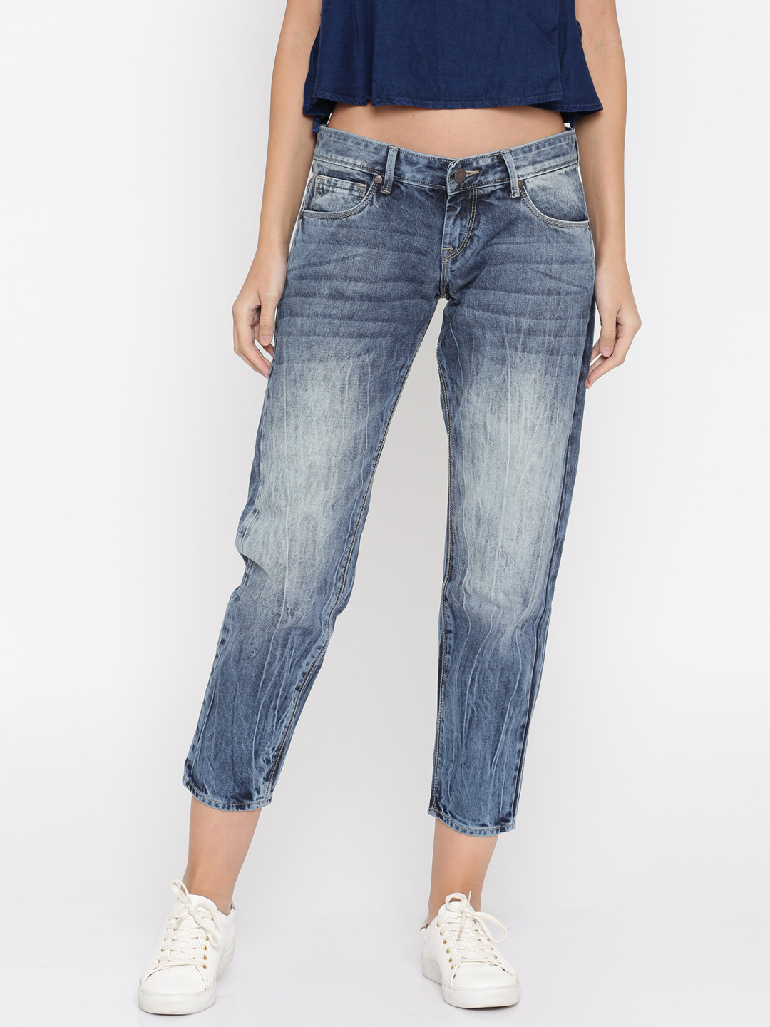 Buy HERE&NOW Women Blue Boyfriend Fit Mid Rise Cropped Jeans Jeans