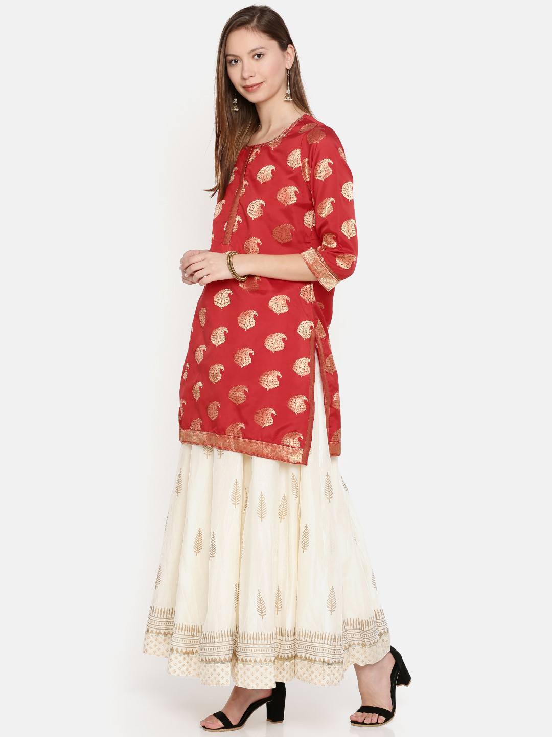 Buy Biba Women Red & Off White Printed Kurti With Skirt & Dupatta