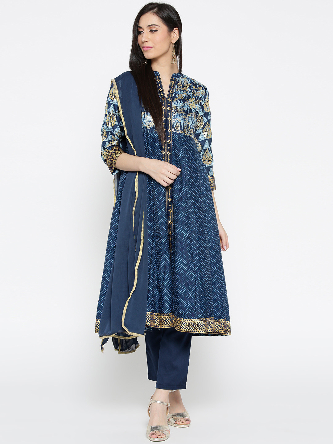Buy Biba Women Navy Printed Anarkali Kurta With Trousers & Dupatta
