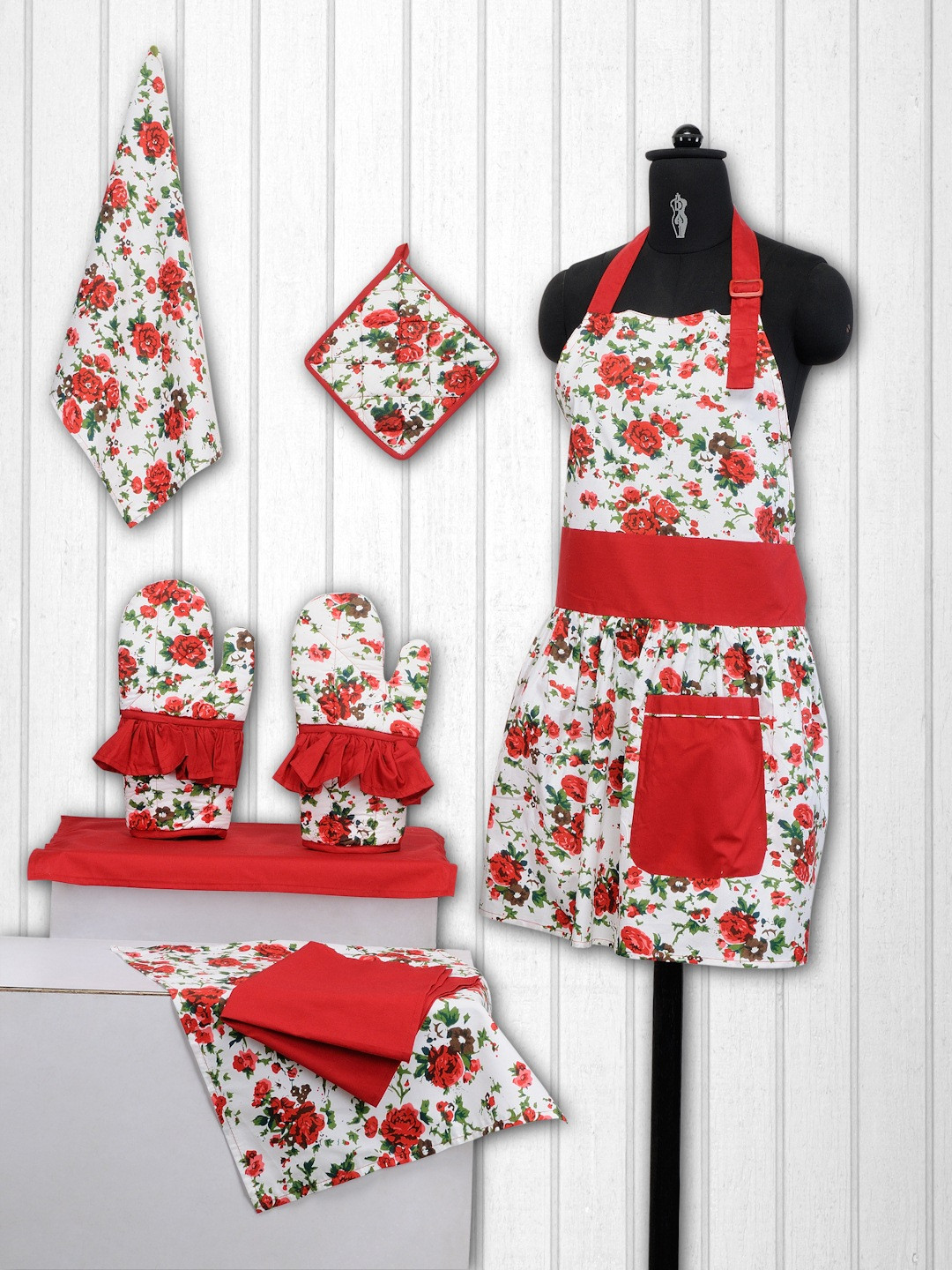 Buy SWAYAM Unisex Red & White Printed Cotton Kitchen Linen Set Kitchen Linen Sets for Unisex