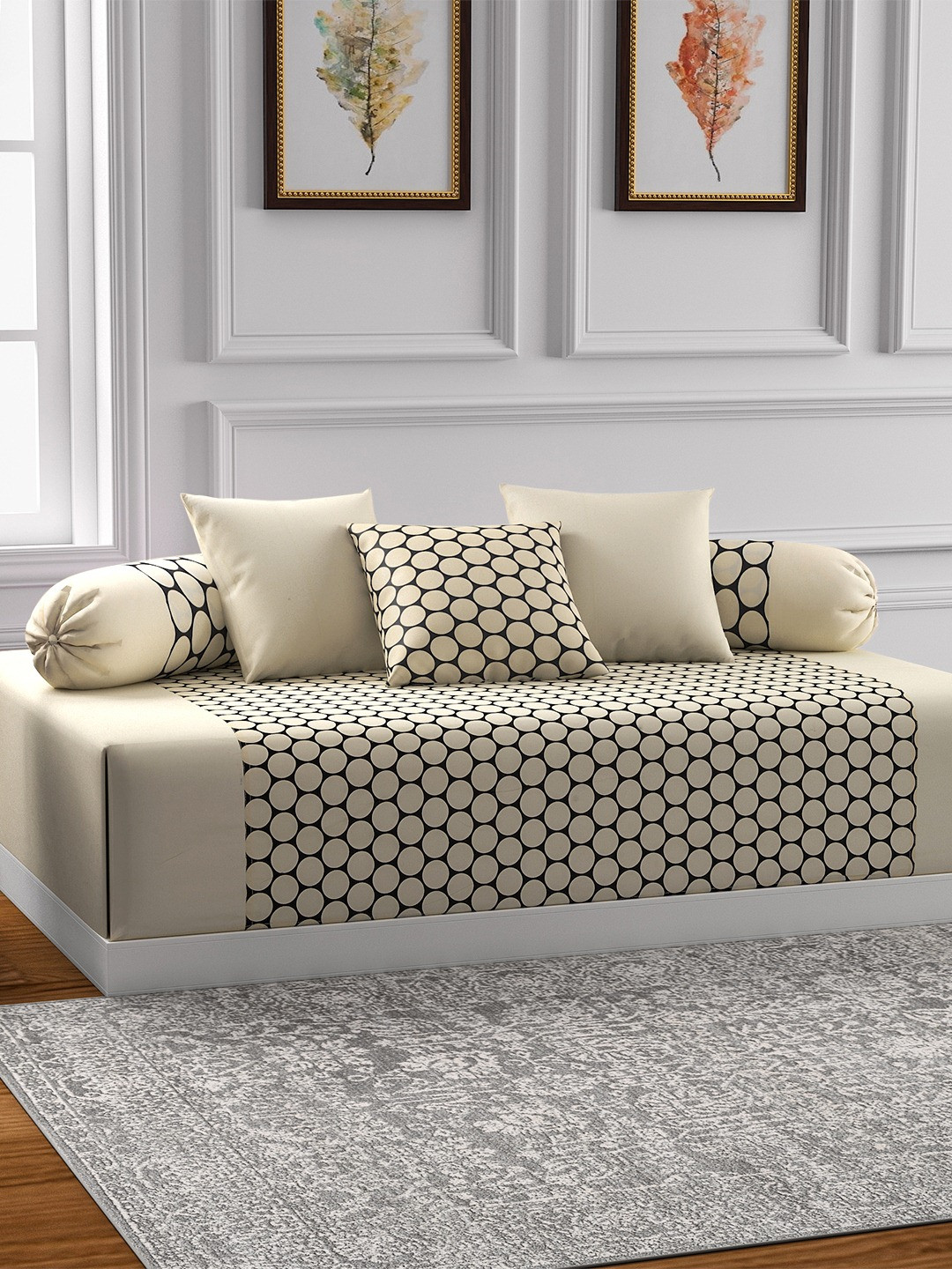 Buy SWAYAM Cream Coloured & Black Printed Diwan Set With Bolster