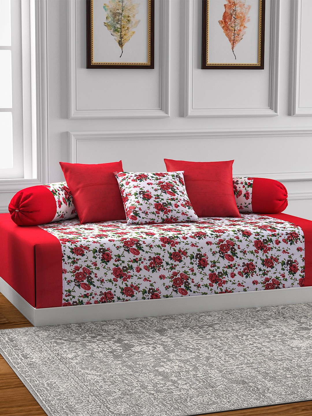 Buy SWAYAM Red & White Printed Diwan Set With Bolster & Cushion Covers