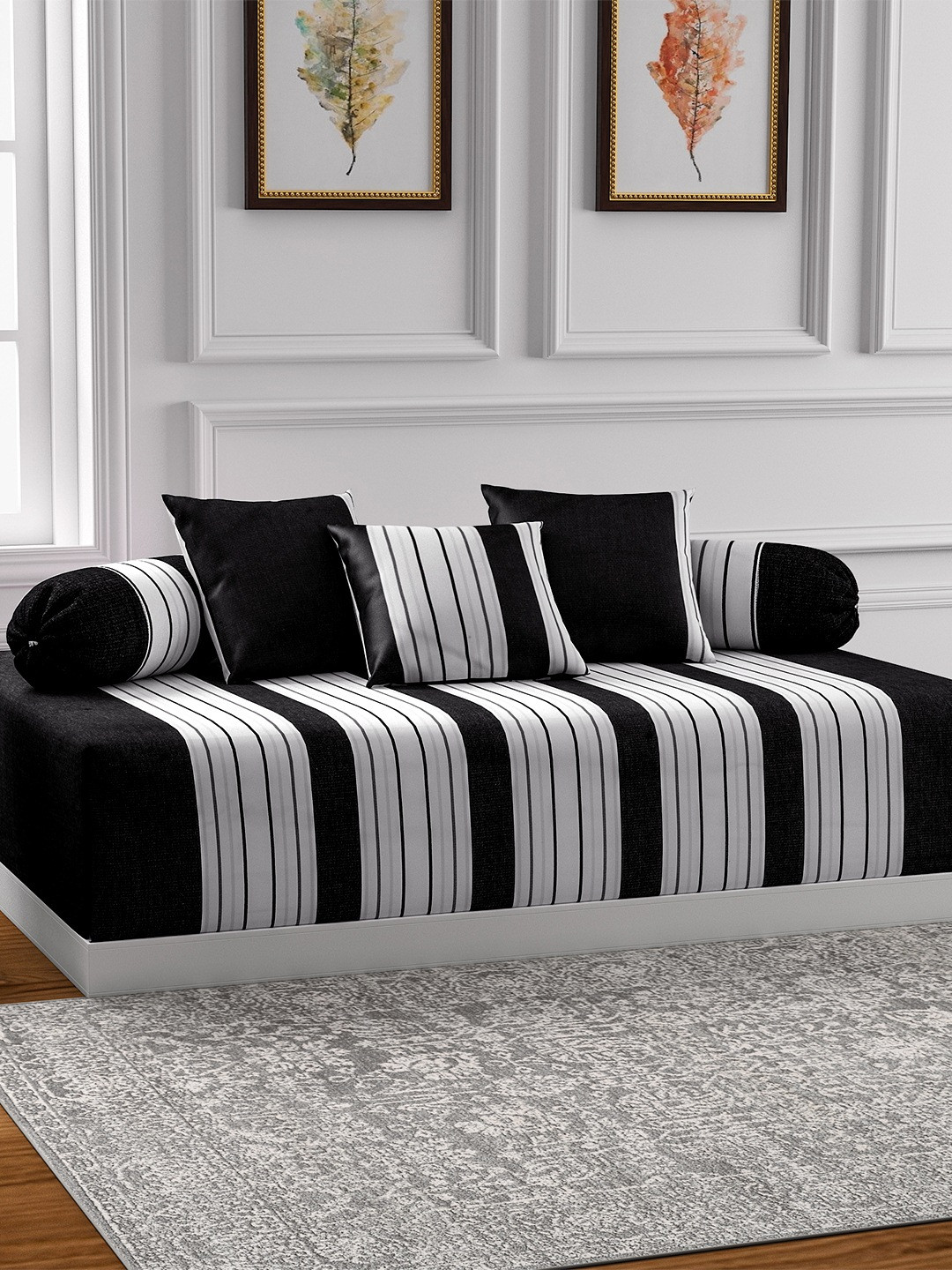 Buy SWAYAM Black & Off White Striped Diwan Set With Bolster & Cushion