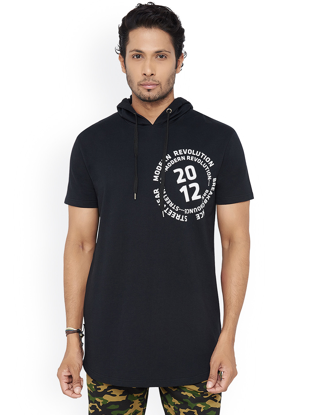 Buy Breakbounce Men Black Printed Hooded Pure Cotton T Shirt Tshirts