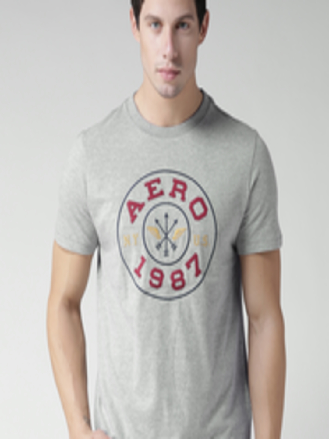 Buy Aeropostale Men Grey Melange Embroidered Round Neck T Shirt ...