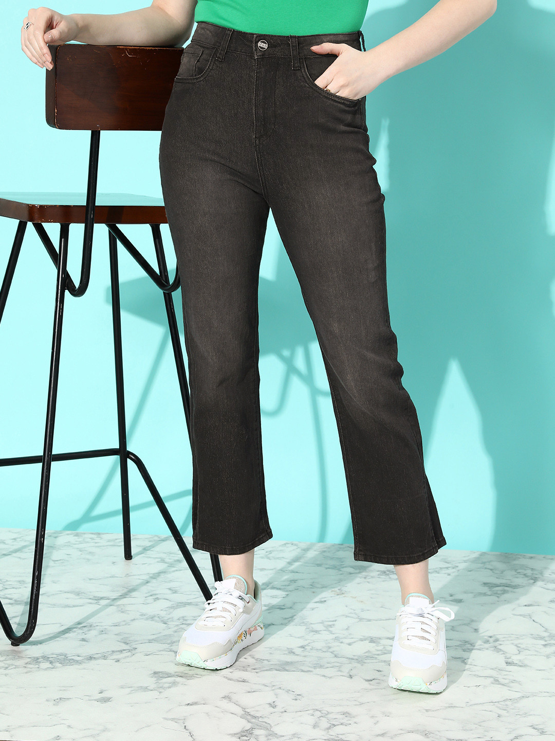 Buy Mast & Harbour Women Jet Black Straight Fit Light Fade Romance