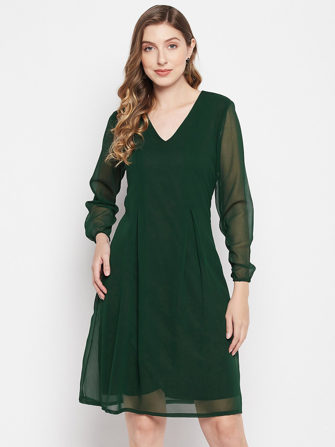 Women's Beige V-Neck Pleated Georgette A-Line Dress
