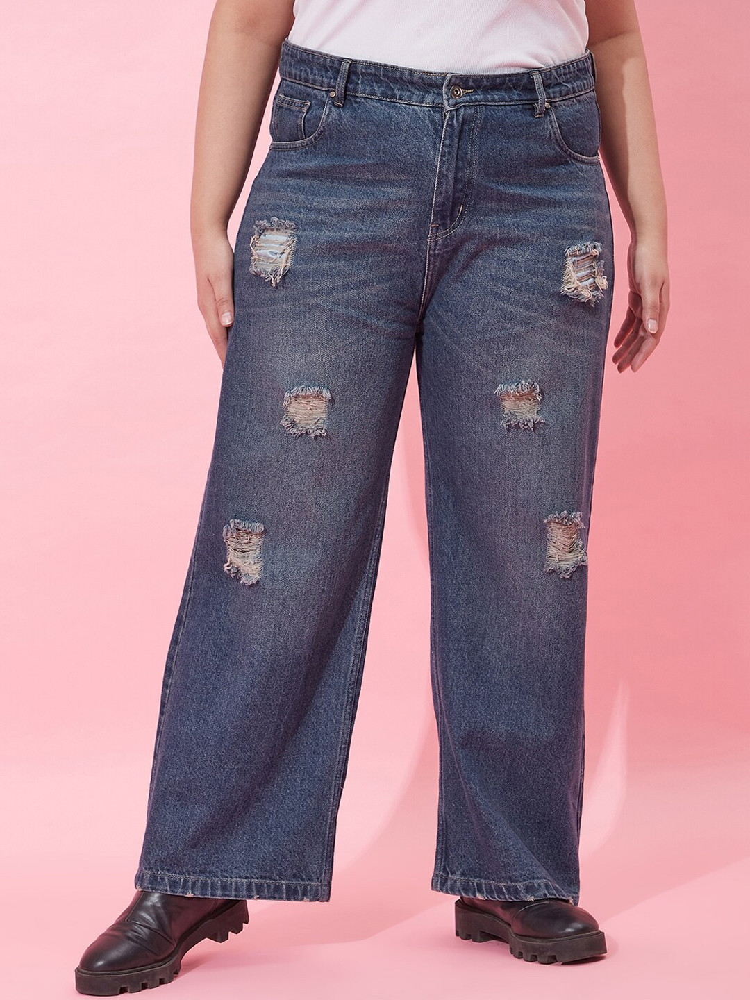 Buy CURVY STREET Women Flared High Rise Highly Distressed Light Fade