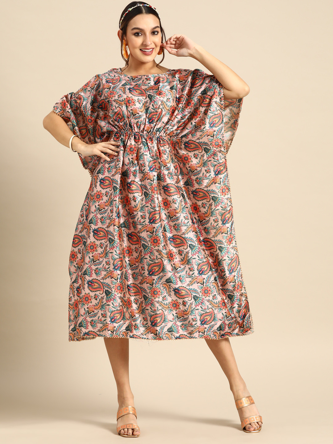 Buy Sangria Floral Print Satin Kaftan Midi Dress Ethnic Dresses for