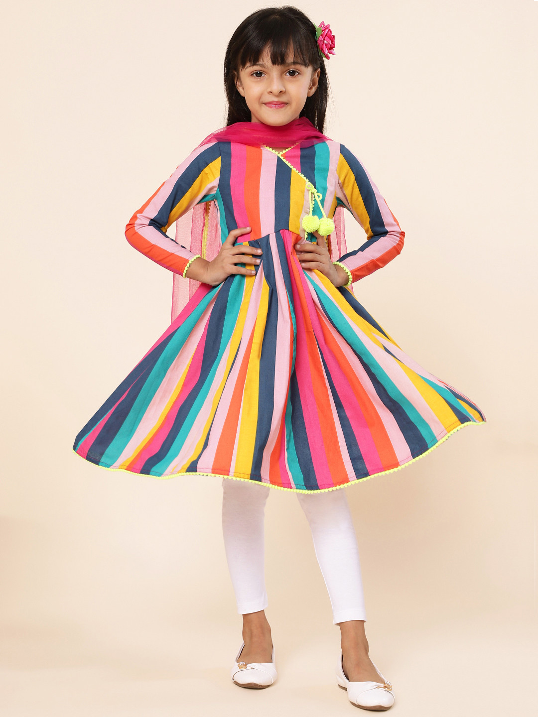 Girls Pink Printed Angrakha Pure Cotton Kurta Set