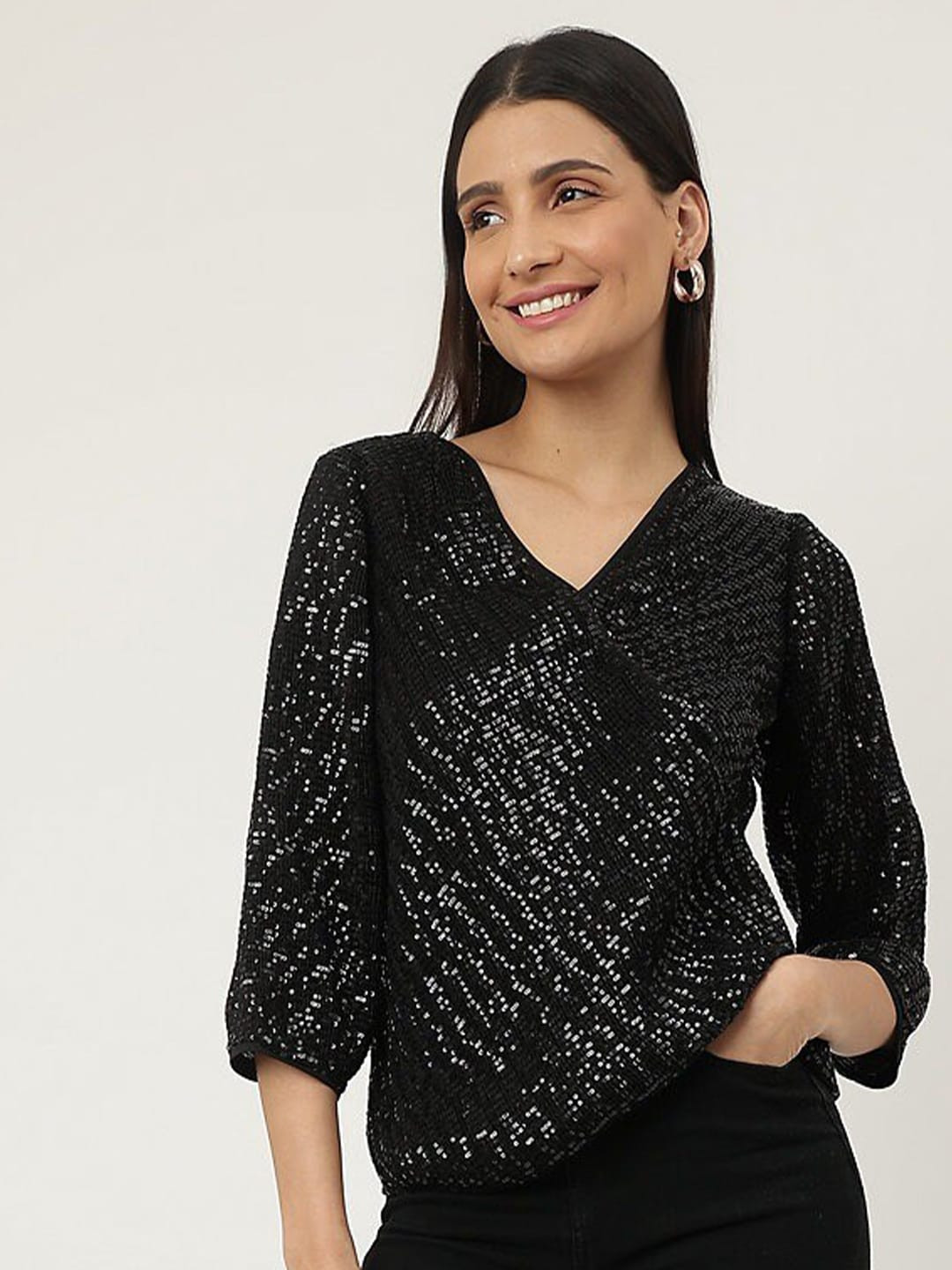 Designer Black Lace Pearl-Embellished Top main image 1