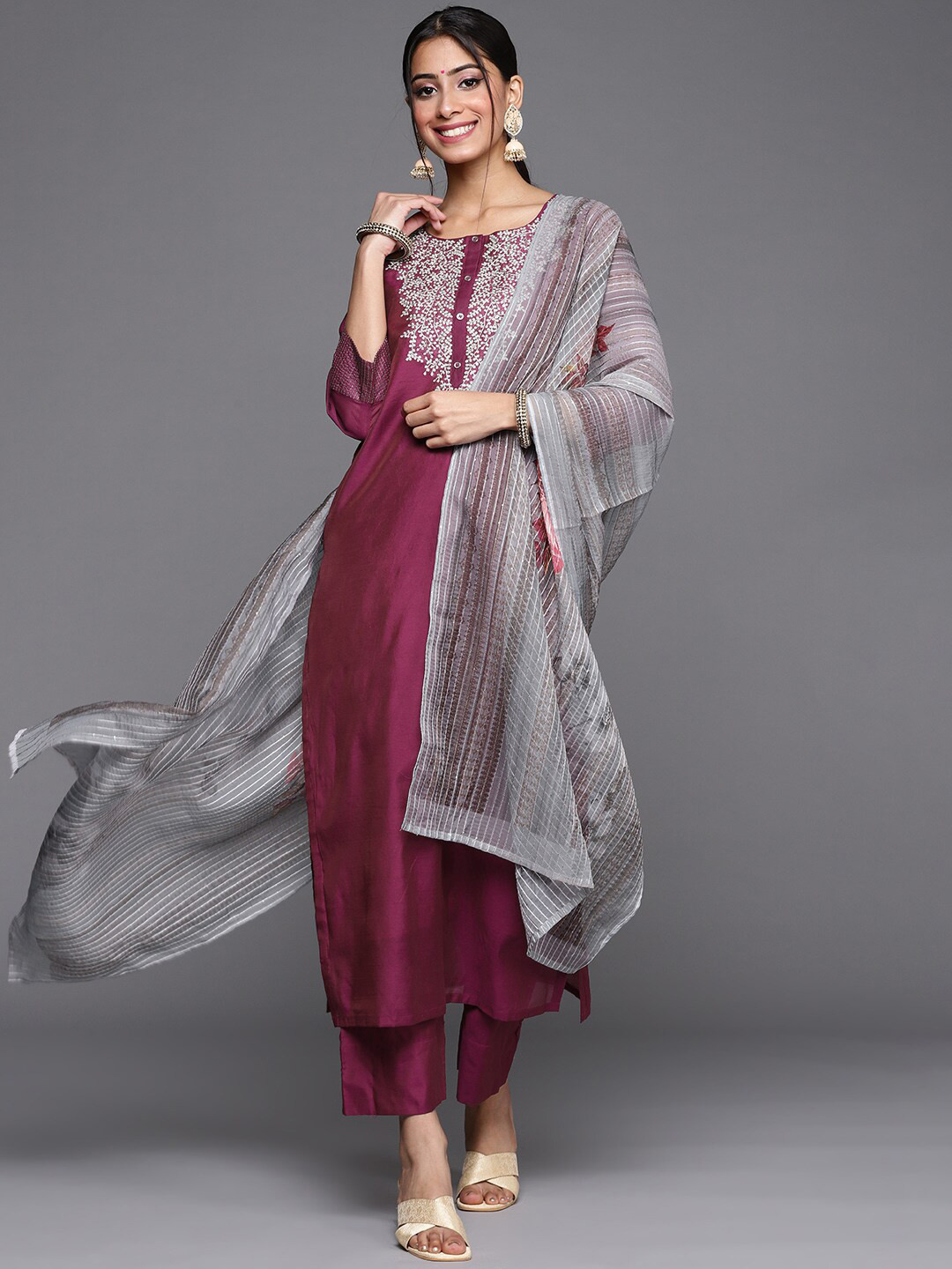 Floral Printed V-Neck Chanderi Cotton Straight Kurta & Trousers With Dupatta