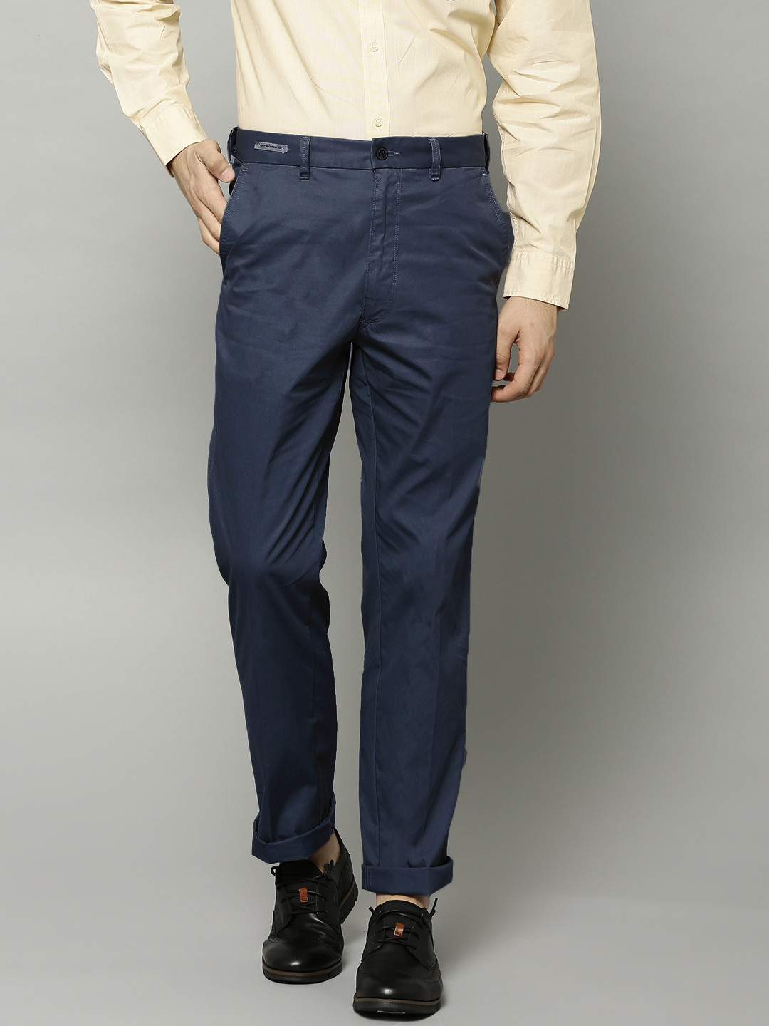 Buy Marks & Spencer Men Blue Regular Fit Solid Regular Trousers