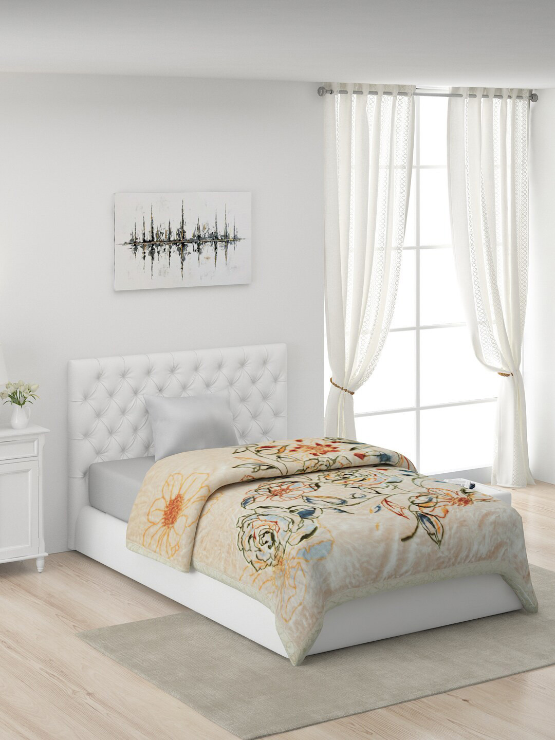 Buy Monte Carlo Beige & Orange Floral Heavy Winter 600 GSM Single Bed