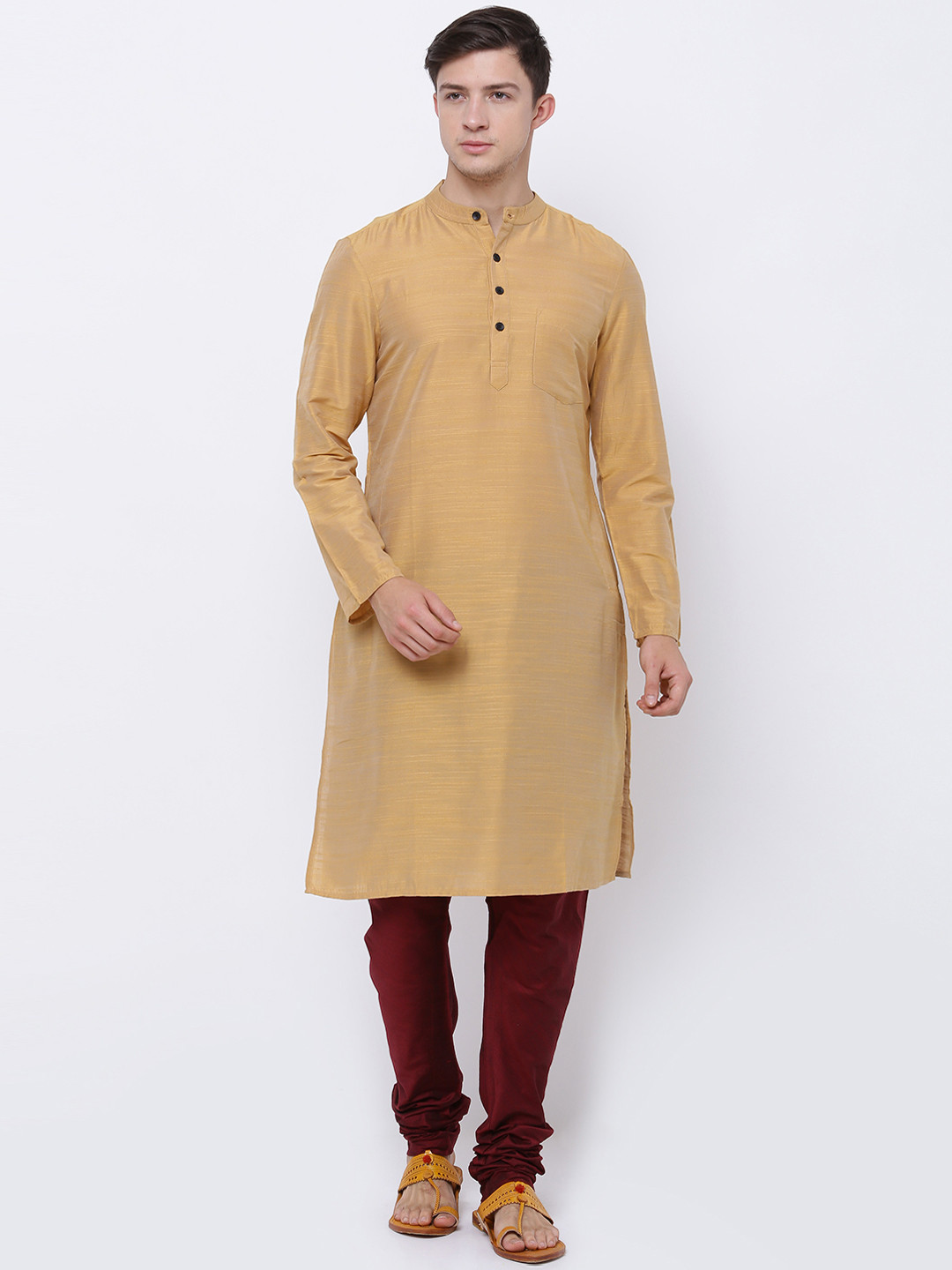 Buy Svanik Men Gold Toned & Maroon Solid Kurta With Churidar Kurta