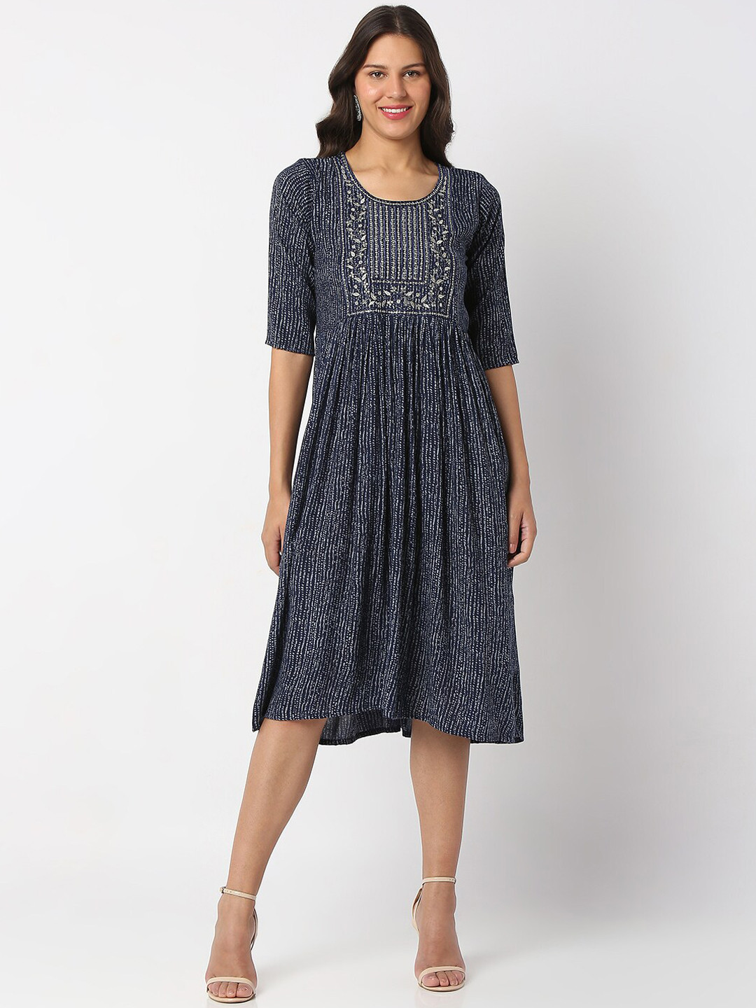 Buy SALWAR STUDIO Blue Ethnic Motifs Cotton A Line Midi Dress Dresses