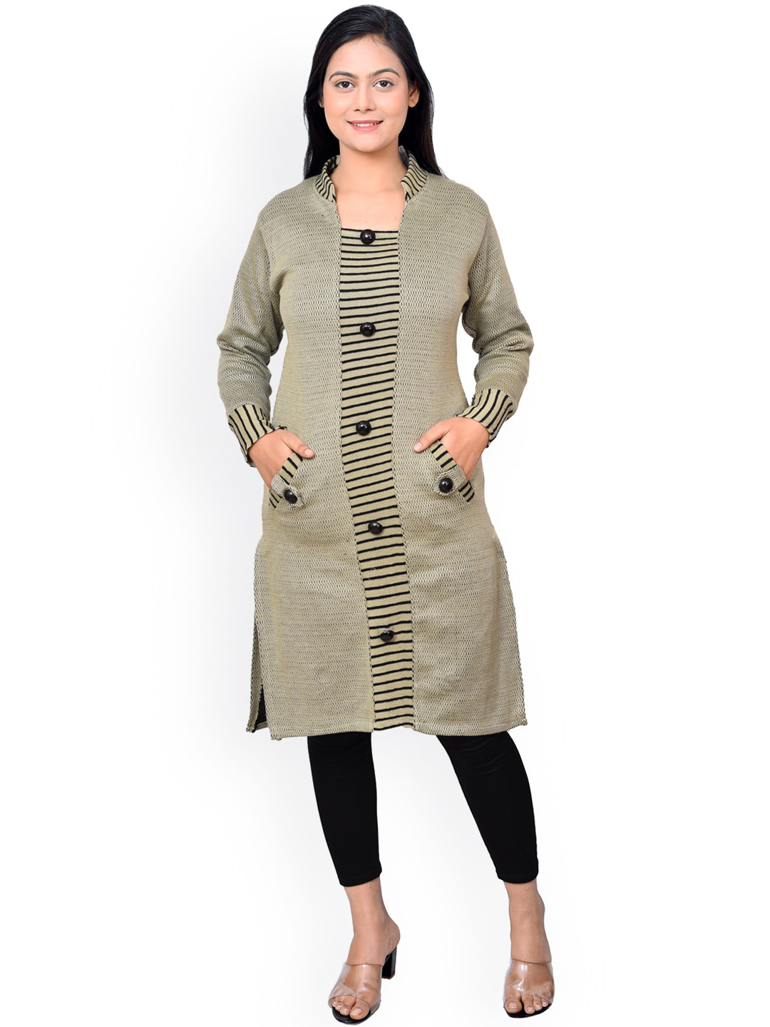Buy Ahhaaaa Striped Handloom Mandarin Collar Kurta Kurtas for Women
