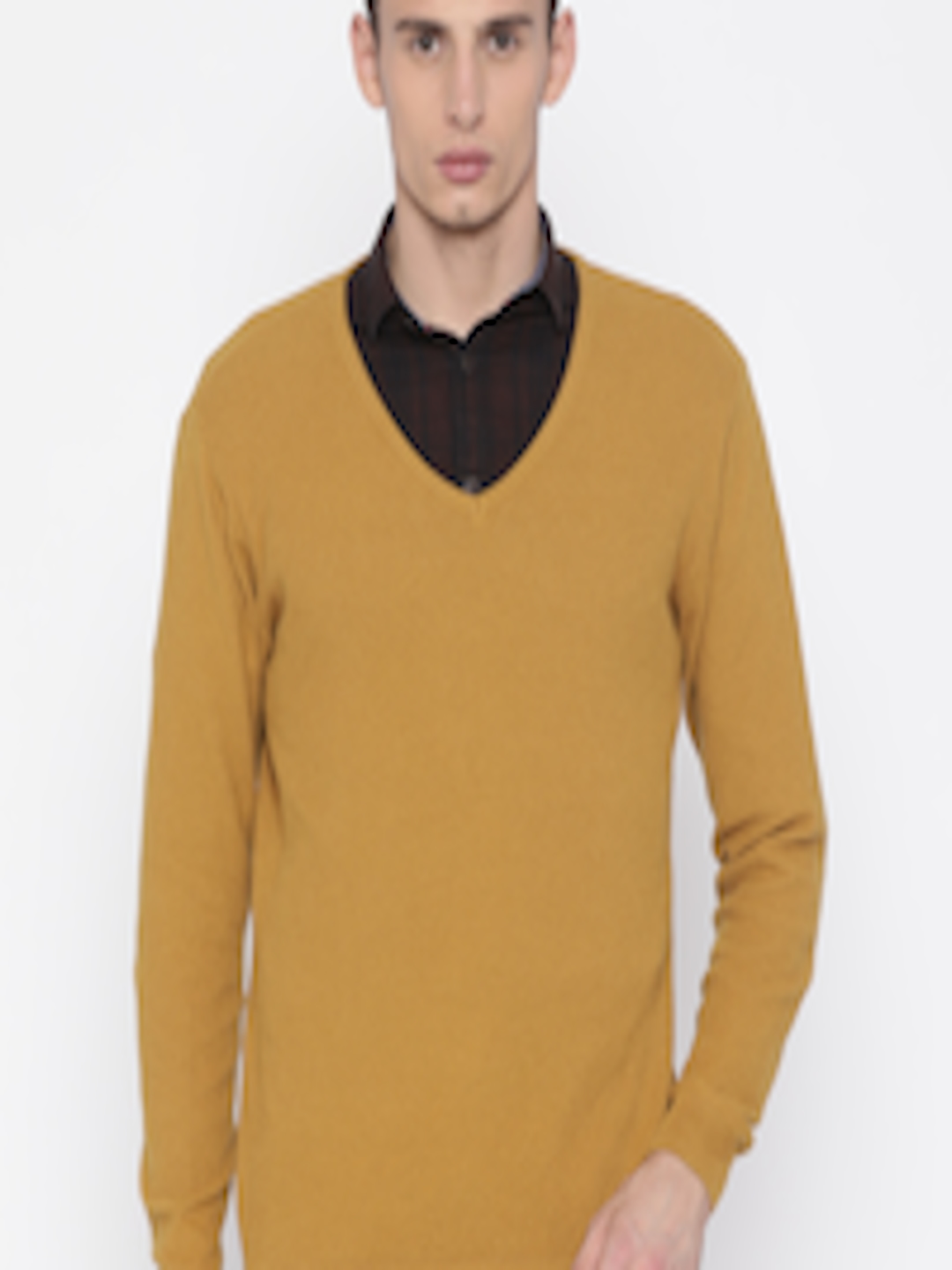 Buy Peter England Casuals Men Mustard Yellow Solid Pullover - Sweaters ...