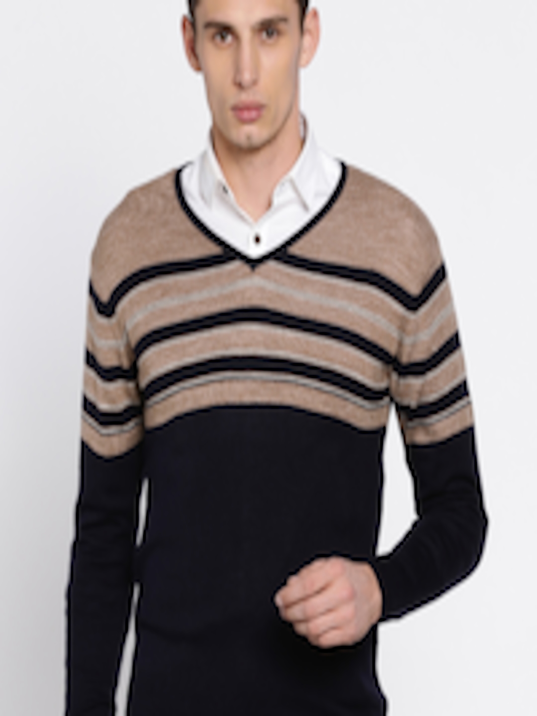 Buy Peter England Casuals Men Navy Blue & Beige Striped Pullover ...