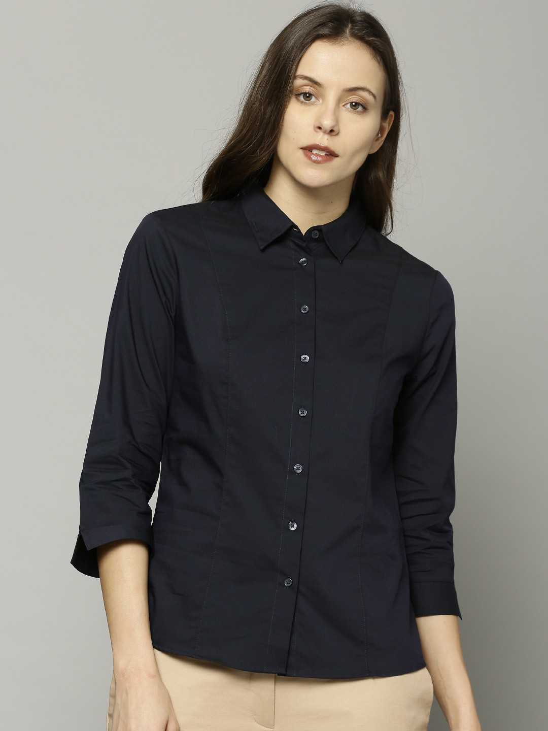 Buy Marks & Spencer Women Navy Blue Regular Fit Solid Formal Shirt