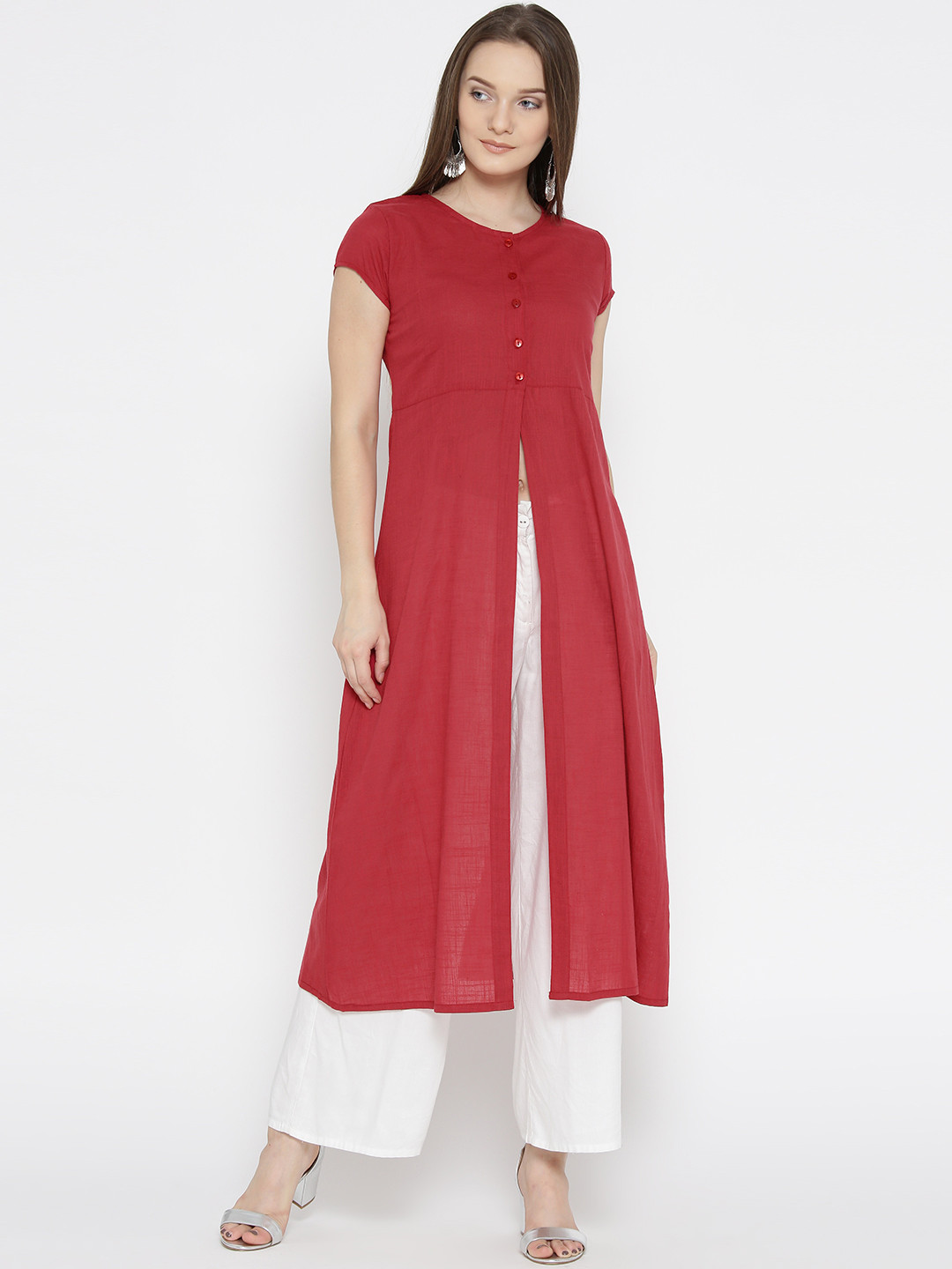 Buy HERE&NOW Women Red Solid A Line High Slit Kurta Kurtas for Women
