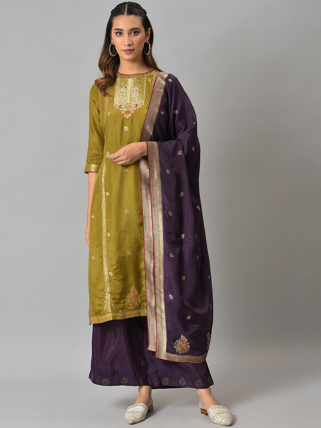 Cotton Printed Kurta Set for Women with Floral Panels and Dupatta