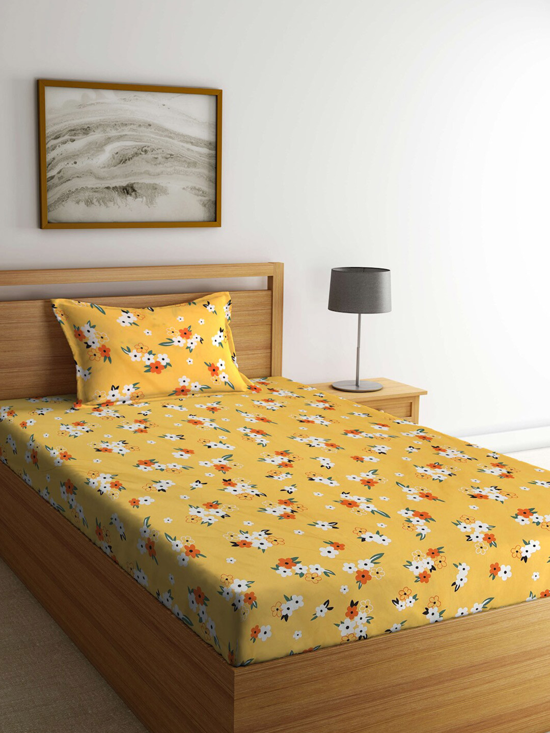 Buy KLOTTHE Yellow & White Floral 300 TC Single Bedsheet With 1 Pillow