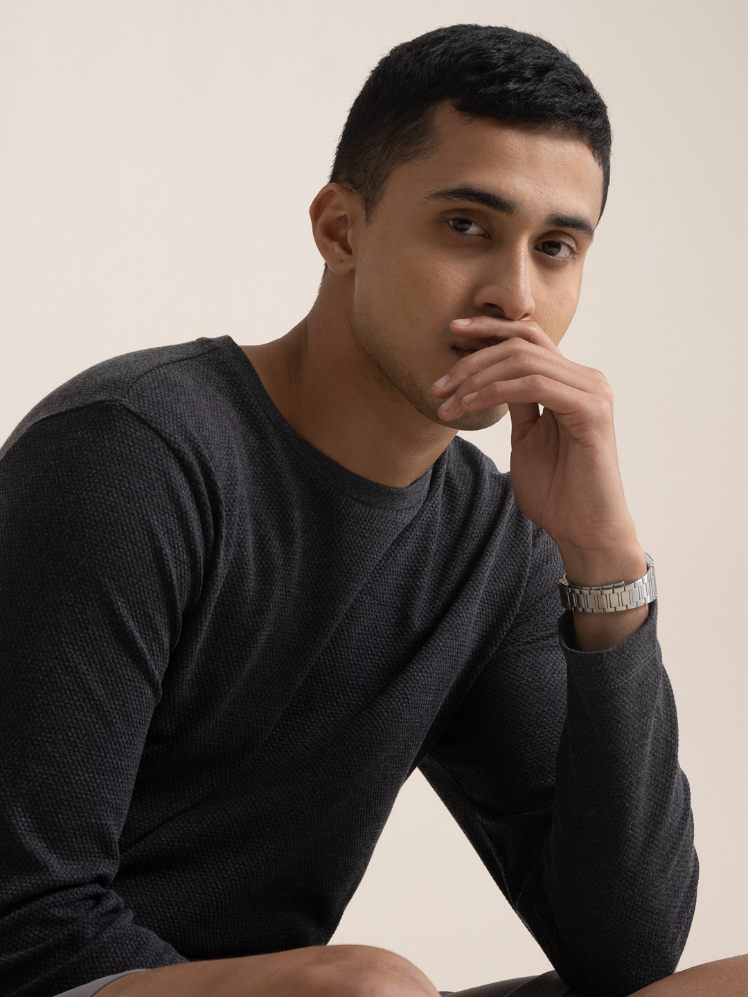 Buy DaMENSCH Men Cotton Popcorn Texture Grey Regular Fit T Shirt