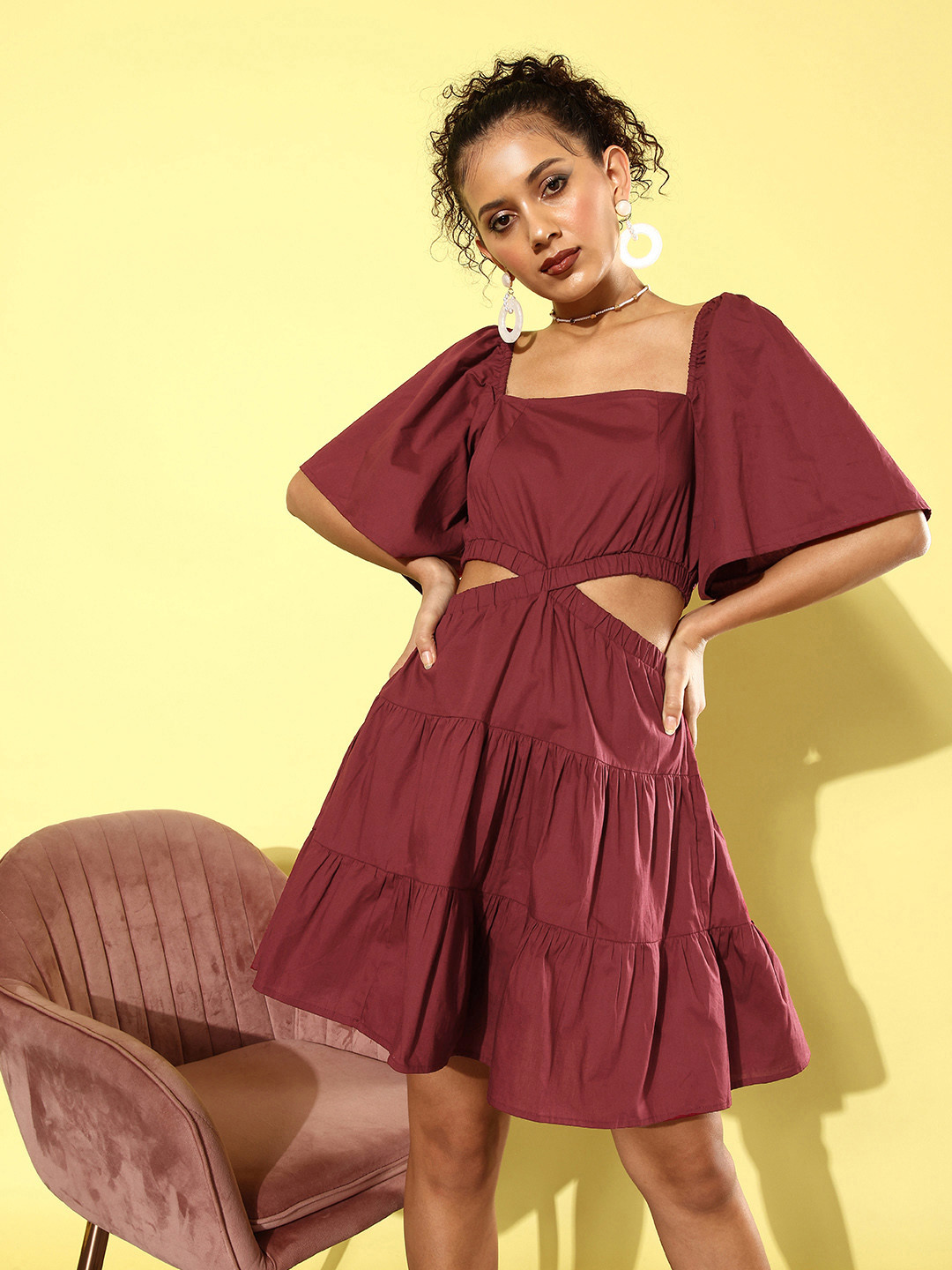 Buy DressBerry Warm Burgundy Cutout Course Flared Sleeve Pure Cotton