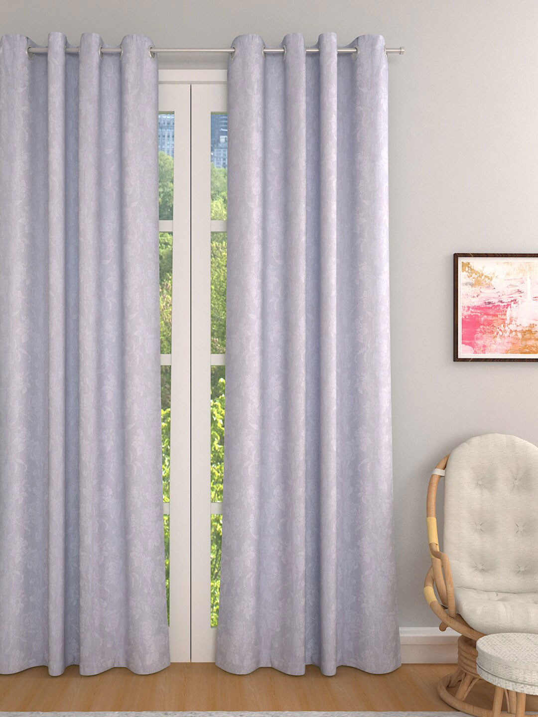 Buy ROMEE Silver Toned Set Of 2 Floral Room Darkening Door Curtain