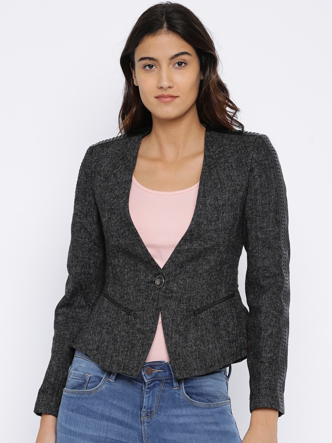 Buy Madame Grey Self Designed Single Breasted Blazer Blazers for