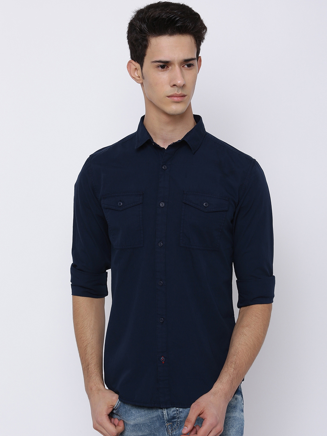 Buy LOCOMOTIVE Men Navy Blue Slim Fit Solid Casual Shirt - Shirts for ...