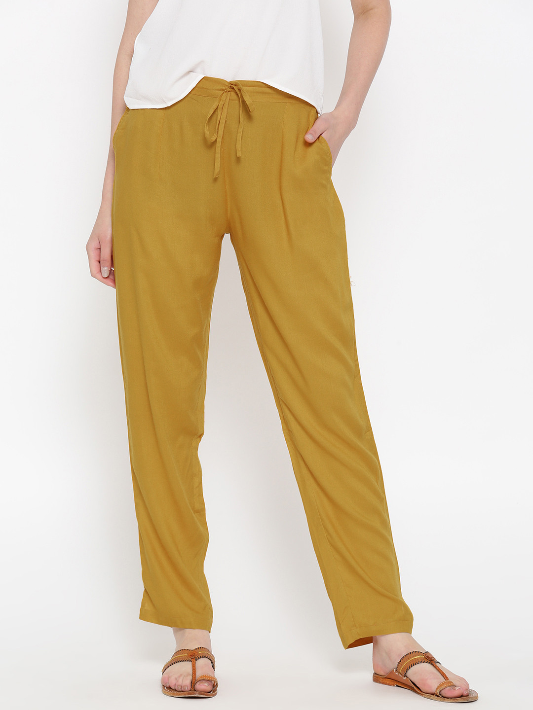 Buy Shree Women Mustard Yellow Regular Fit Solid Regular Trousers