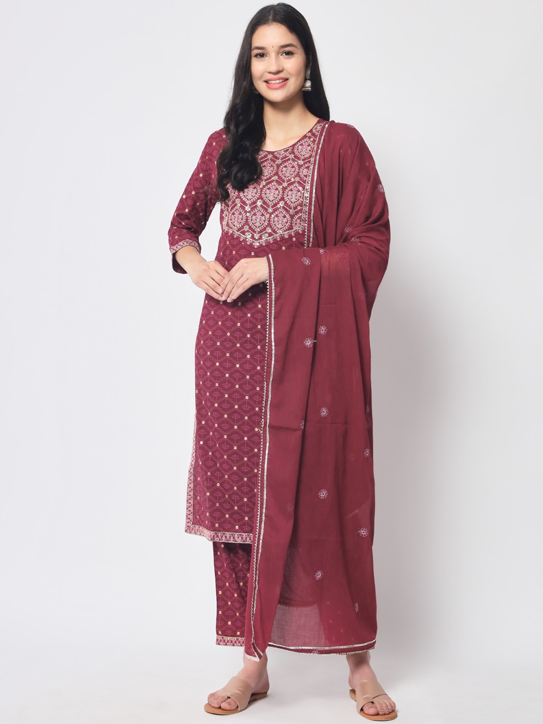 Buy IkDaiya Floral Embroidered Kurta With Trousers & With Dupatta ...