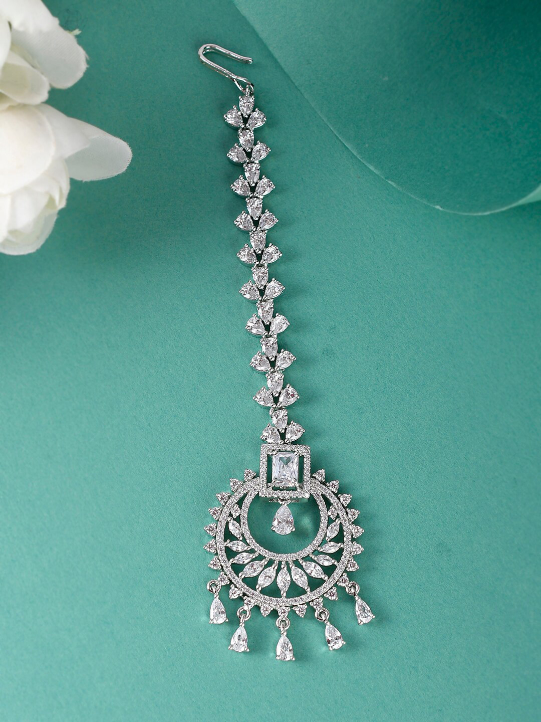 Buy Voylla Elegance Silver Plated CZ Stone Studded Maang Tikka Head