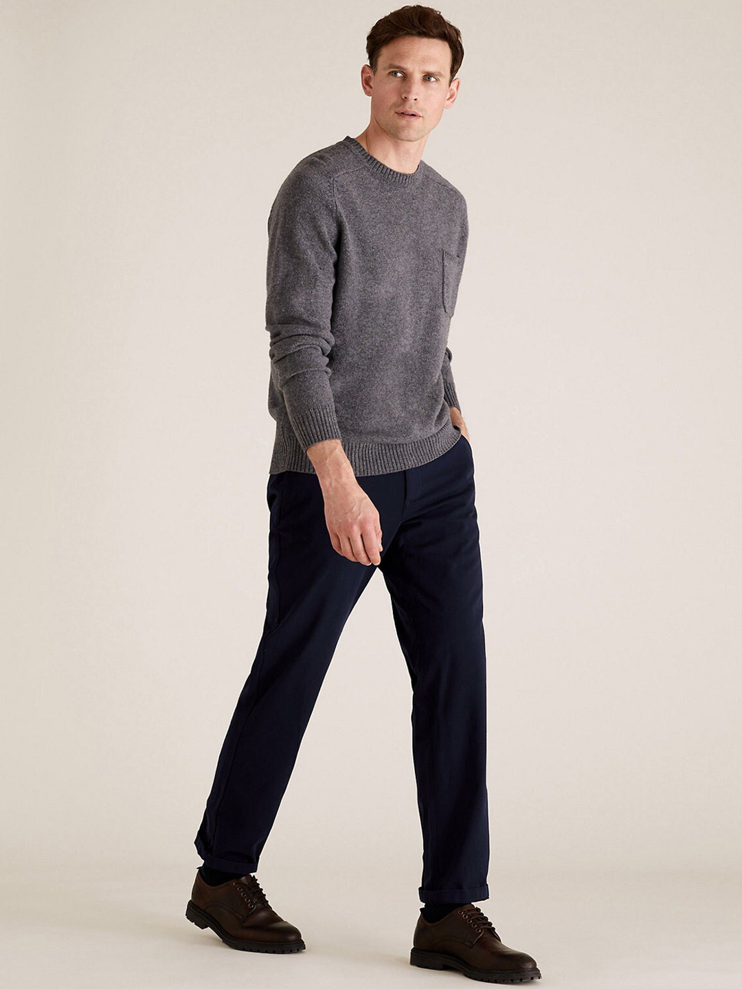 Buy Marks & Spencer Men Navy Blue High Rise Trousers - Trousers for Men ...