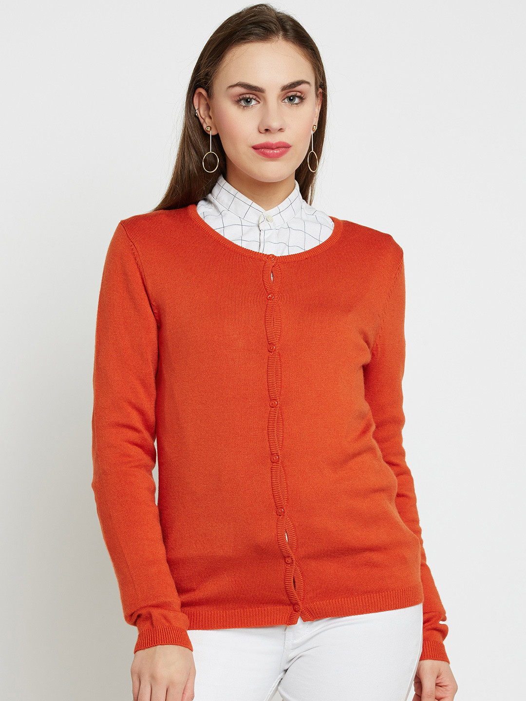 Buy Madame Women Orange Solid Cardigan Sweaters for Women 2130786