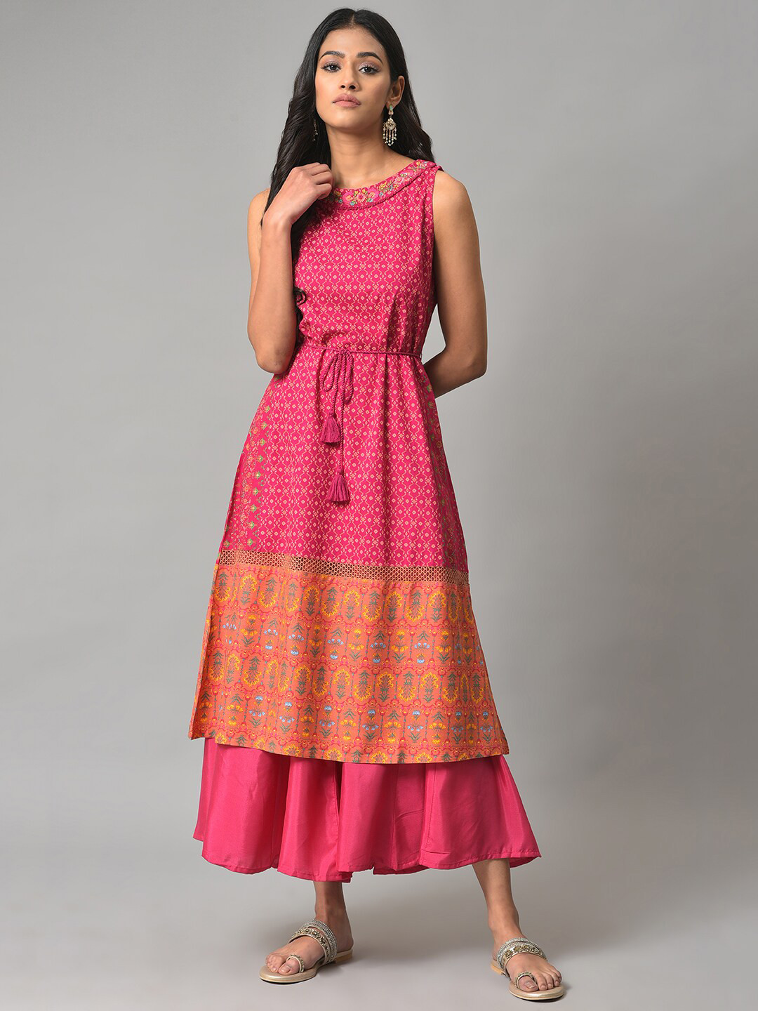 Grey Ethnic Motifs Print Maxi Dress for Women – Flowy Liva Fabric, Mandarin Collar