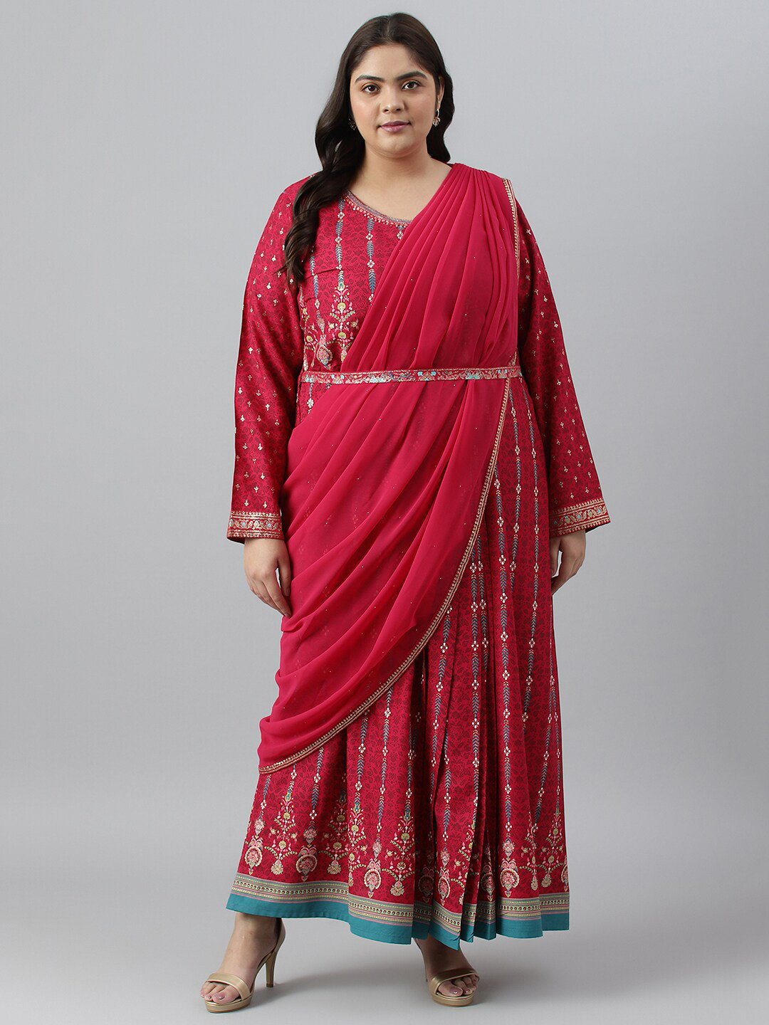 Women White Ethnic Motifs Printed V-Neck Cotton Maxi Dress With Dupatta