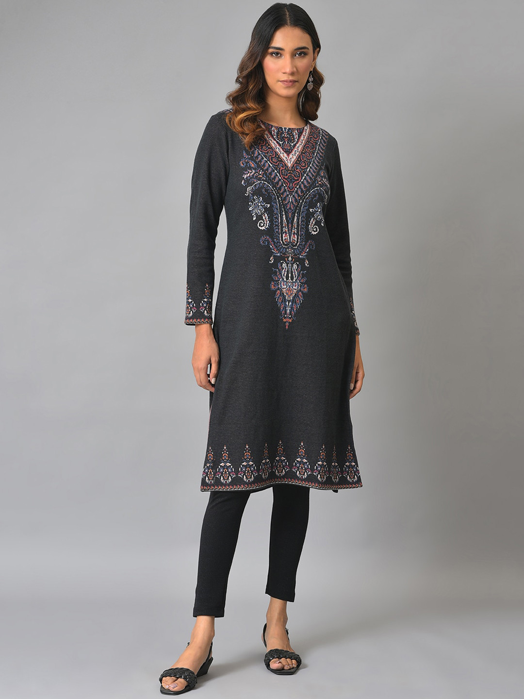 Buy W Women Charcoal Ethnic Motifs Printed Kurta Kurtas for Women