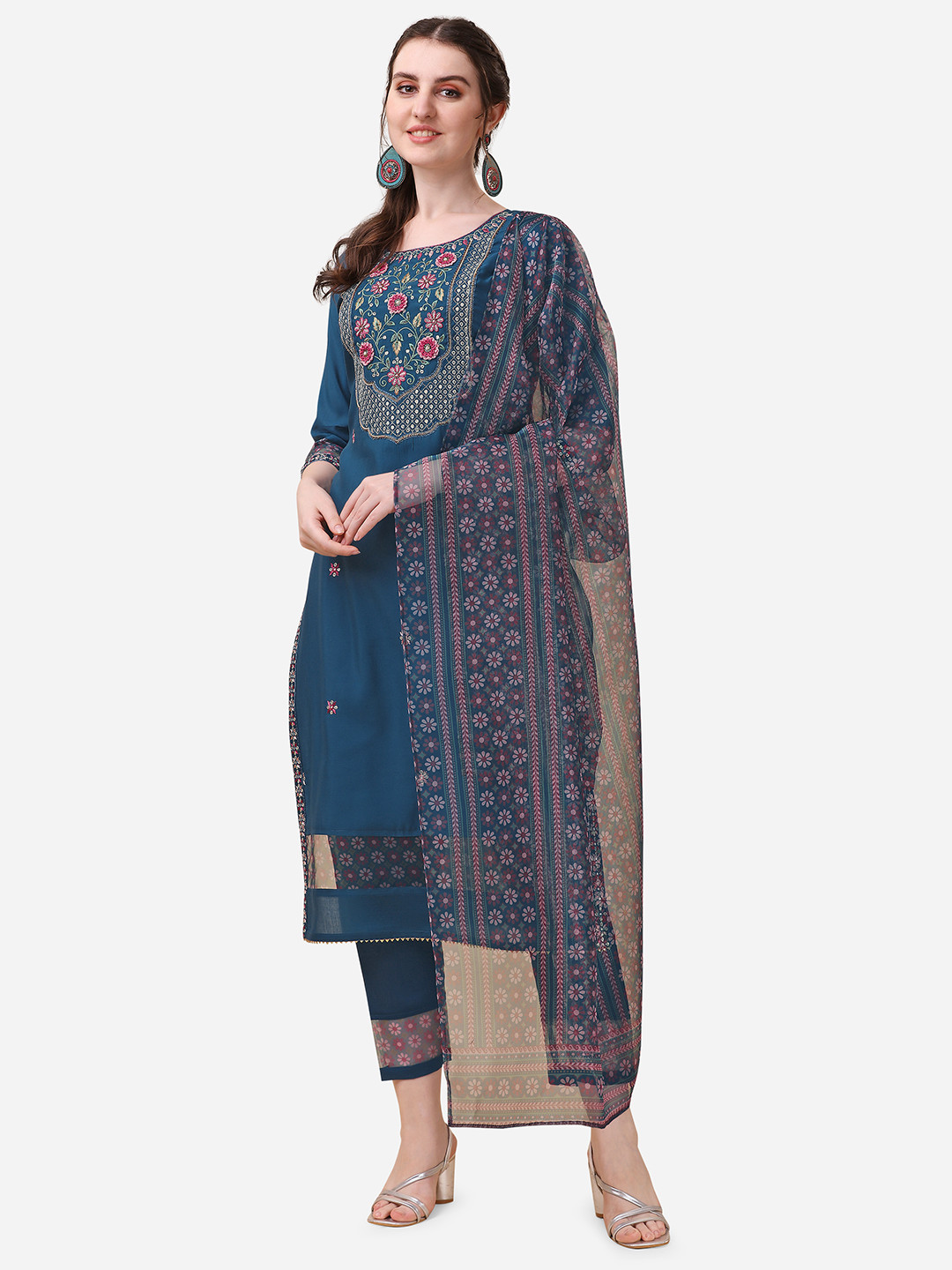 Floral Embroidered Regular Chanderi Cotton Kurta With Trousers & With Dupatta main image 1