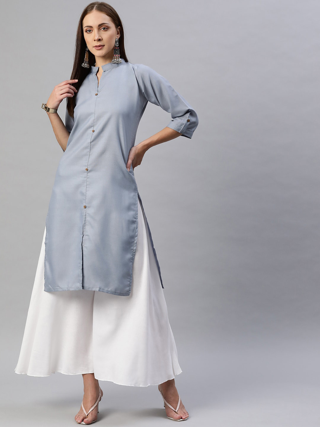 Buy Aarika Mandarin Collar Roll Up Sleeve Kurta Kurtas for Women