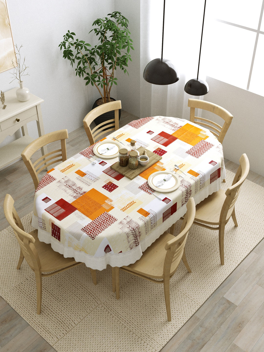 Buy Clasiko Orange & Maroon Geometric Printed 6 Seater Oval Dining Table Cover Table Covers