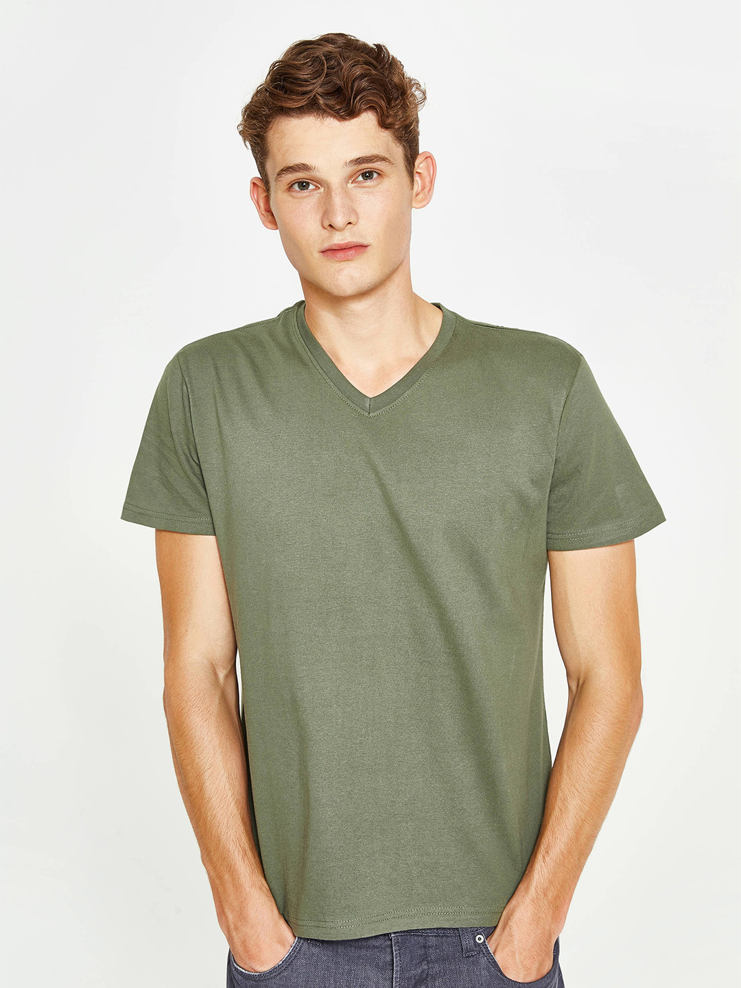 Buy OVS Men Olive Green Solid V Neck T Shirt - Tshirts for Men 2131828 ...